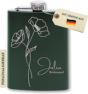 Flanacom Flachmann mit Gravur aus Edelstahl inkl. Trichter 227ml / 8oz Hochzeit Trauzeuge Alkohol Geschenke für Männer Flachmann Personalisiert mit Wunschgravur (Design 8, 8 Oz Grün)