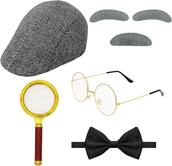Detective Costume Accessory Set Old Man Costume Hat Prop Fake Eyebrows Mustache Adults Men Women 100 Days of School