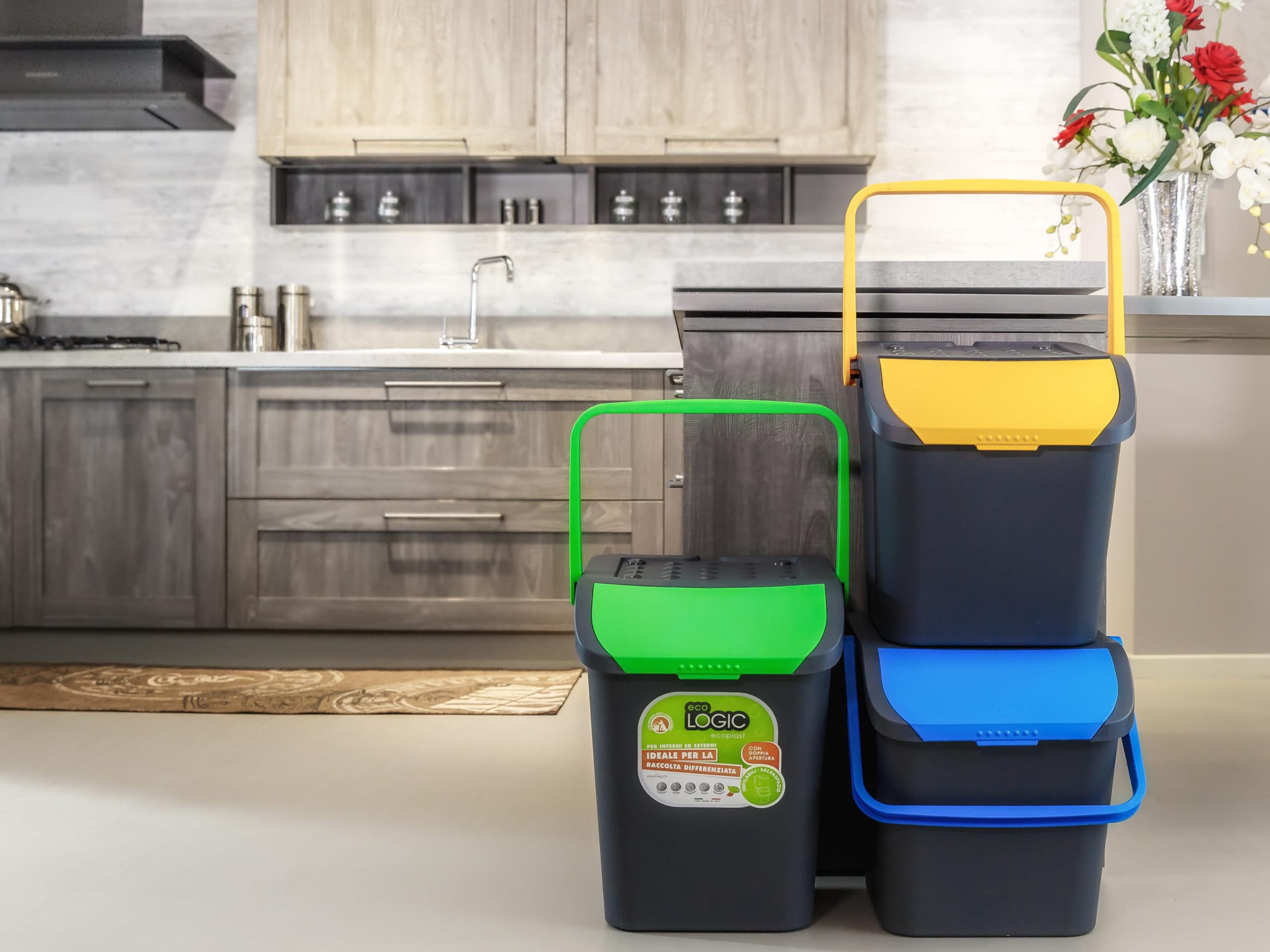 Ecoplast | Trío de cubos de basura para recogida selectiva 35 l, colores surtidos amarillo/verde/azul, 38 x 36,5 x 45 cm, fabricado en Italia