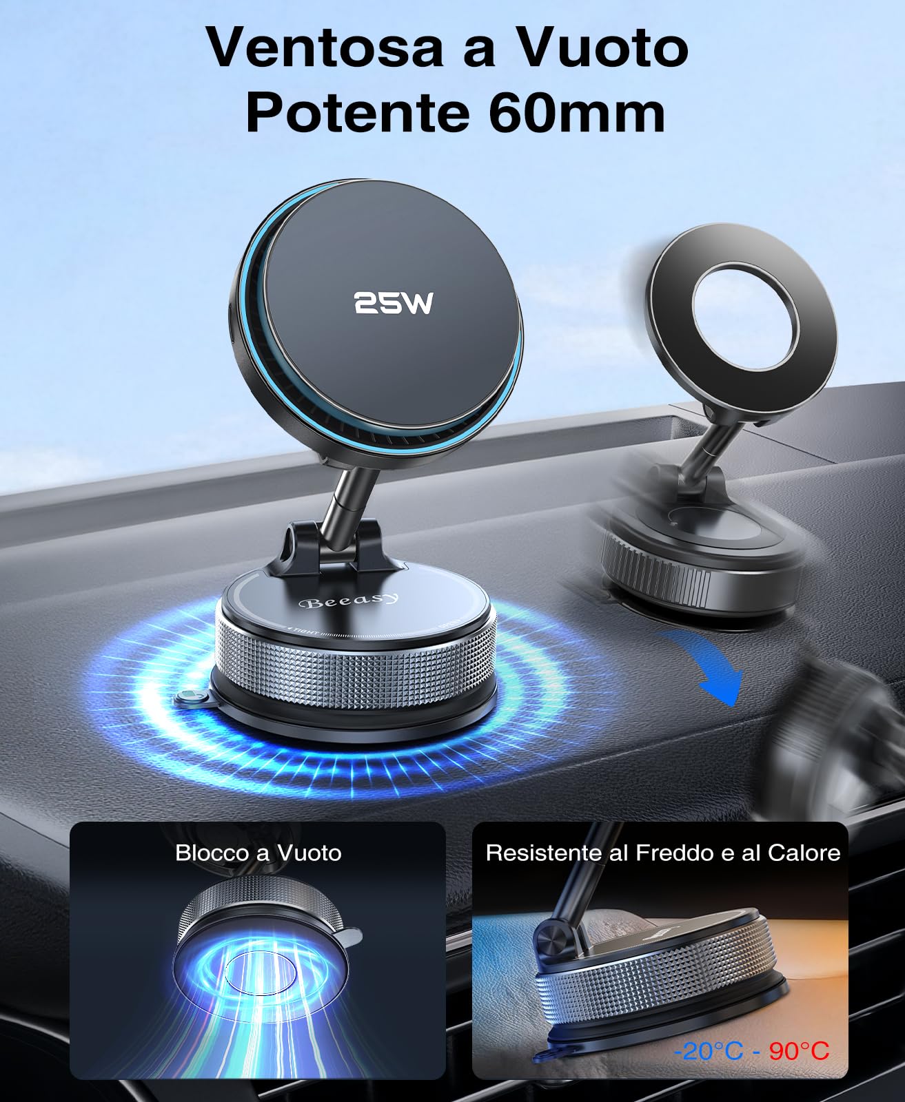 Beeasy Qi2.2 25W Caricatore Wireless Auto per MagSafe con Ventola Raffreddamento, Ventosa a Vuoto Ultra Potente Rotazione 360°, Porta Cellulare Auto Magnetico con Adattatore 63W per iPhone 17-12