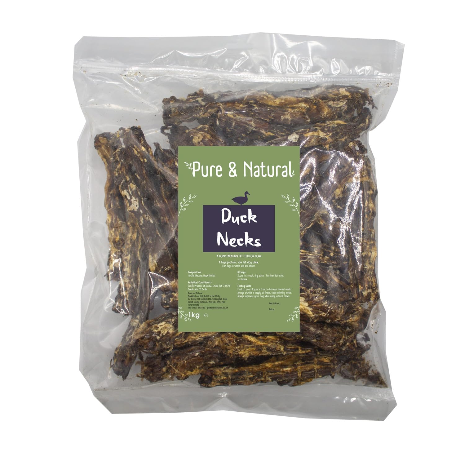 Pure & Natural Dried Duck Necks for Dogs - 100% Natural Dog Treats & Hypoallergenic Dog Chews, Healthy, Grain Free, Low Fat - 1kg