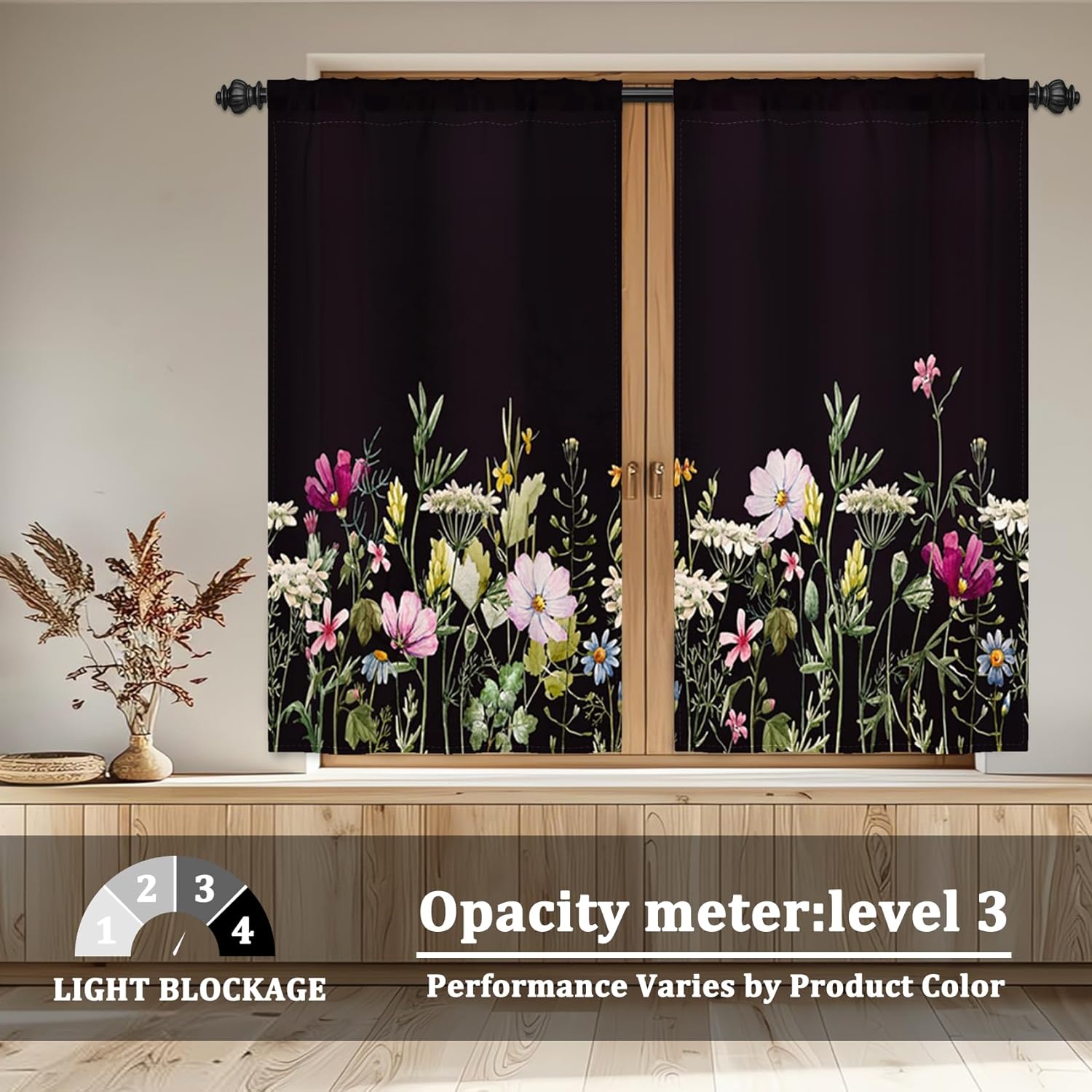 Renaiss 26 x 45 Inch Wildflower Blackout Kitchen Curtains Botanical Flower Printed Black Window Curtains Tier Herbs Rustic Farmhouse Window Treatment Curtains for Basement RV Camper Linen 2 Panels