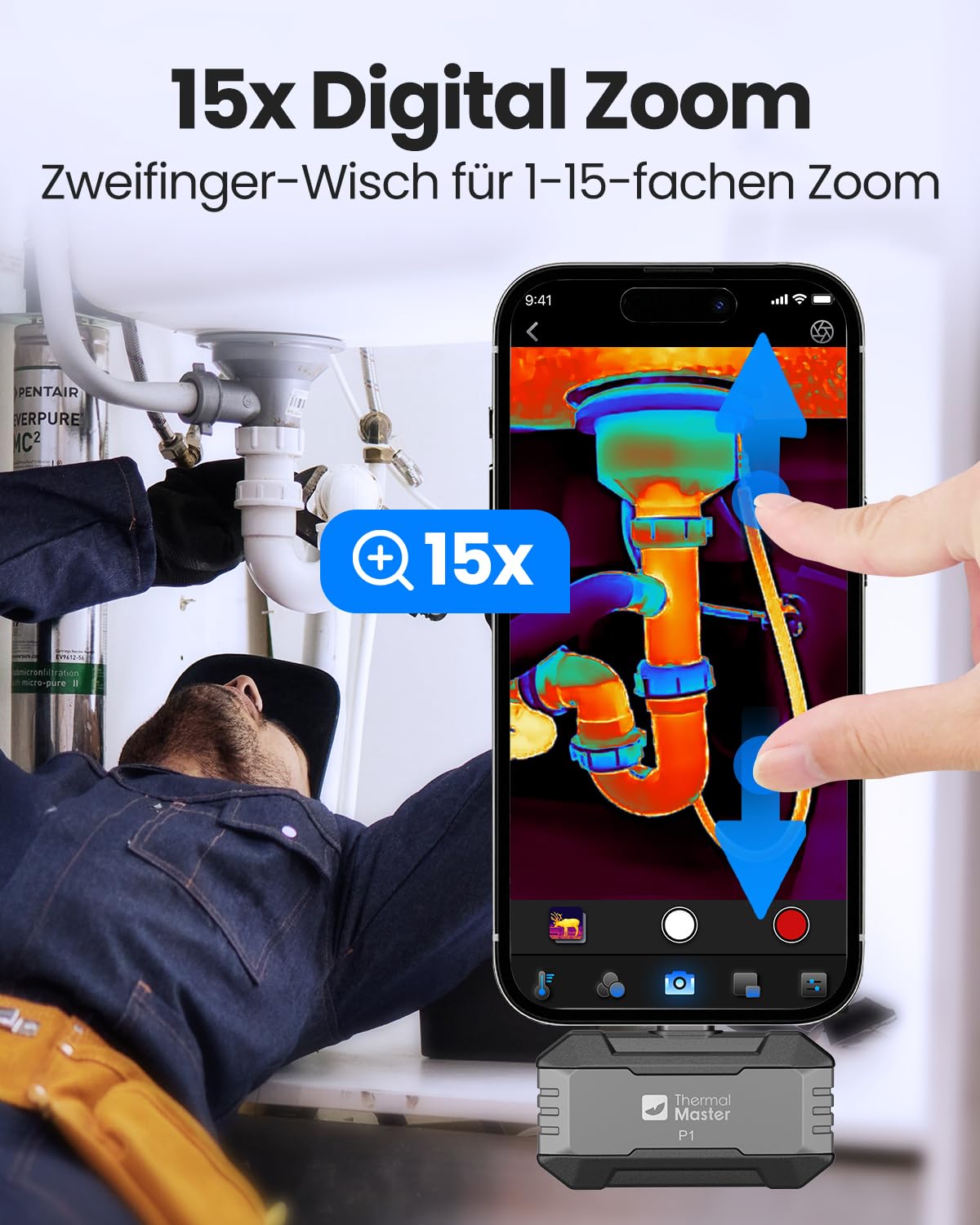 Thermal Master P1 Wärmebildkamera für iPhone 15/16 und Android Infrarotkamera mit Super IR Auflösung 320x240, Wärmebildkameras ±2℃ Genauigkeit Haus-Inspektion 15x Zoom, Grau