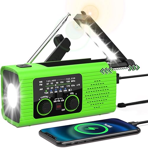 Miniatura 13 de Radio meteorológico de emergencia de 4,000 mAh, radio de mano NOAA con manivela, cargado con energía solar, radio AM FM con linterna, lámpara de Rojo