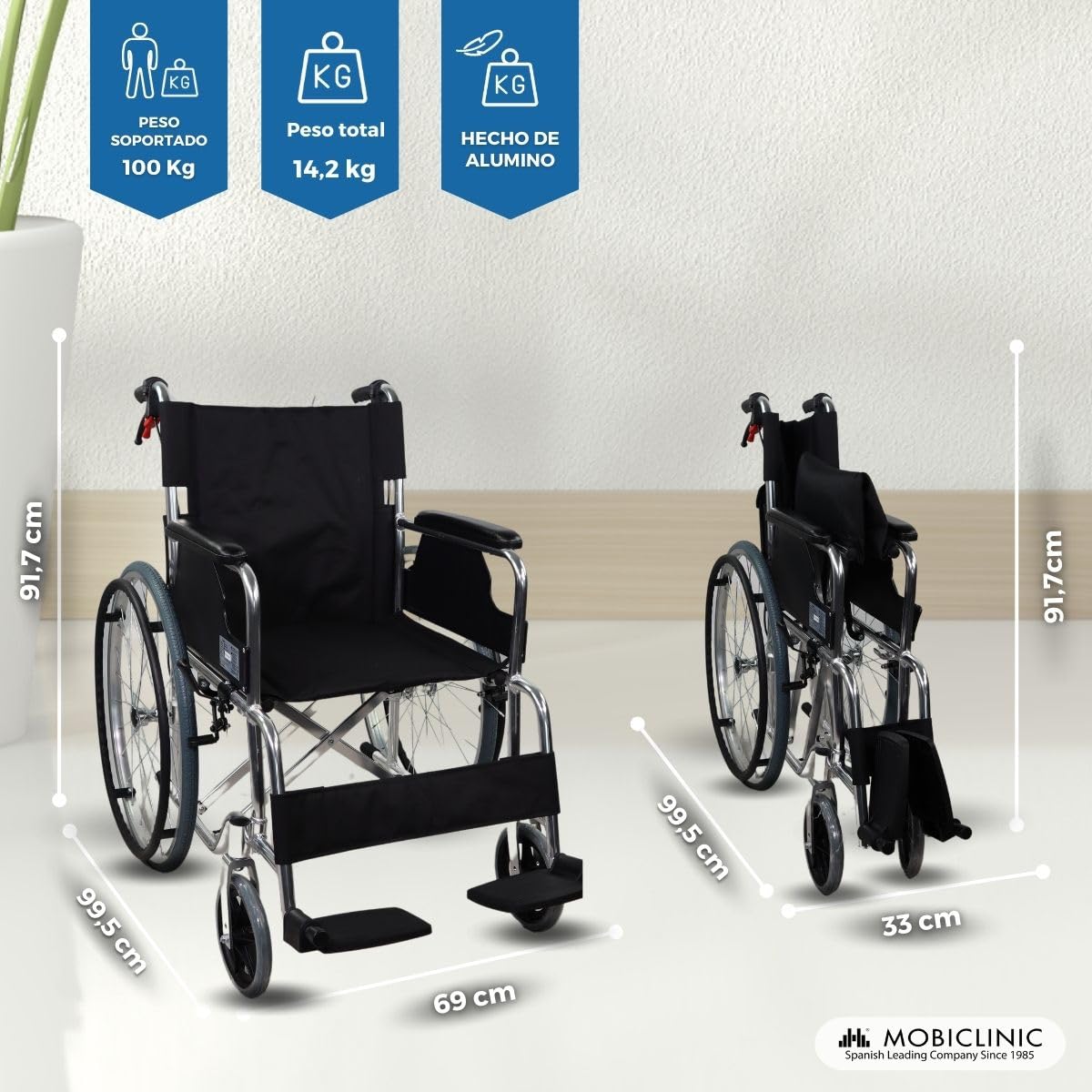 Mobiclinic®, Silla de ruedas, Plegable, Aluminio, Ligera, Modelo palacio, Asiento 46 cm, Doble sistema frenado, Respaldo partido, Reposapiés abatible, Marca española, Autopropulsable