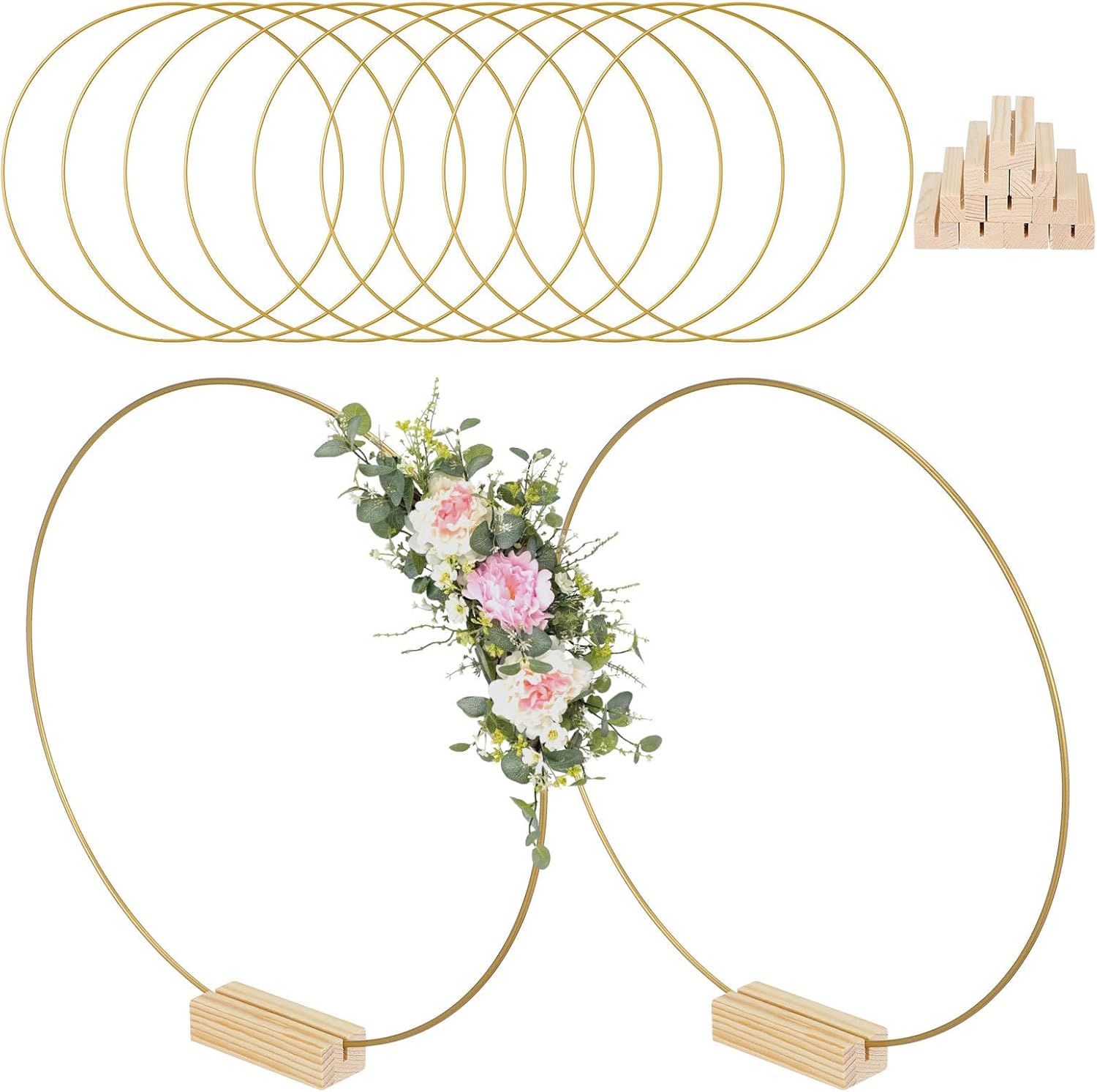 12pcs 30cm Metal Hoop Rings for Crafts with Gold Wreath Stand Set, Floral Centerpiece Hoops for DIY Table Decorations, Office and Festive Event Centerpieces