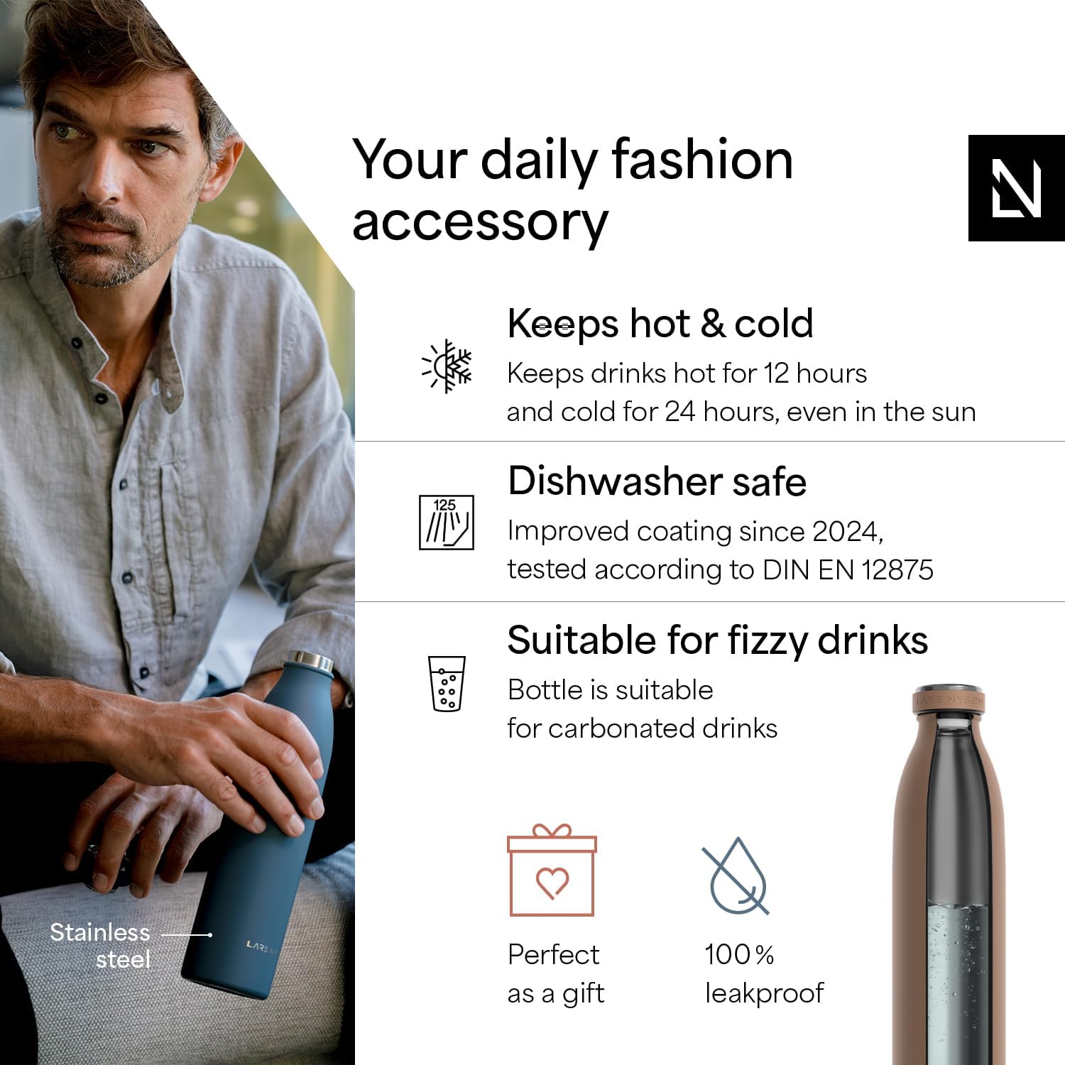 LARS NYSØM Stainless Steel Insulated Water Bottle 12oz 17oz 25oz 34oz 51oz | Insulated Thermo Flask for Hot and Cold Beverages | Leakproof Drinking Bottle (Mocha Brown, 17oz) - Image 2