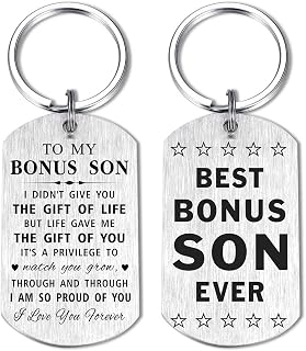 Best Bonus Son Ever Gift, To My Stepson Keychain for Birthday Graduation from Stepmom Stepdad, Like a Step Adopted Son to Me Wedding Present