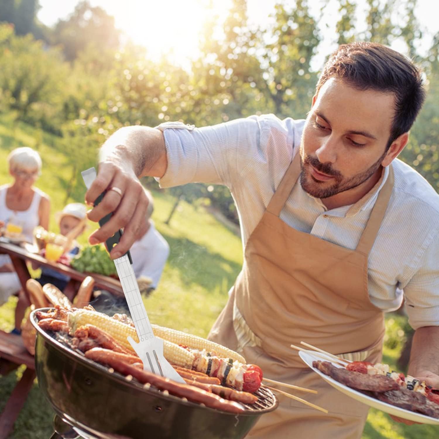 Rock Guitar Style Heavy Duty Stainless Steel 2-Piece Barbecue Tool Set - Spatula & Tongs with Wooden Handle - Image 4