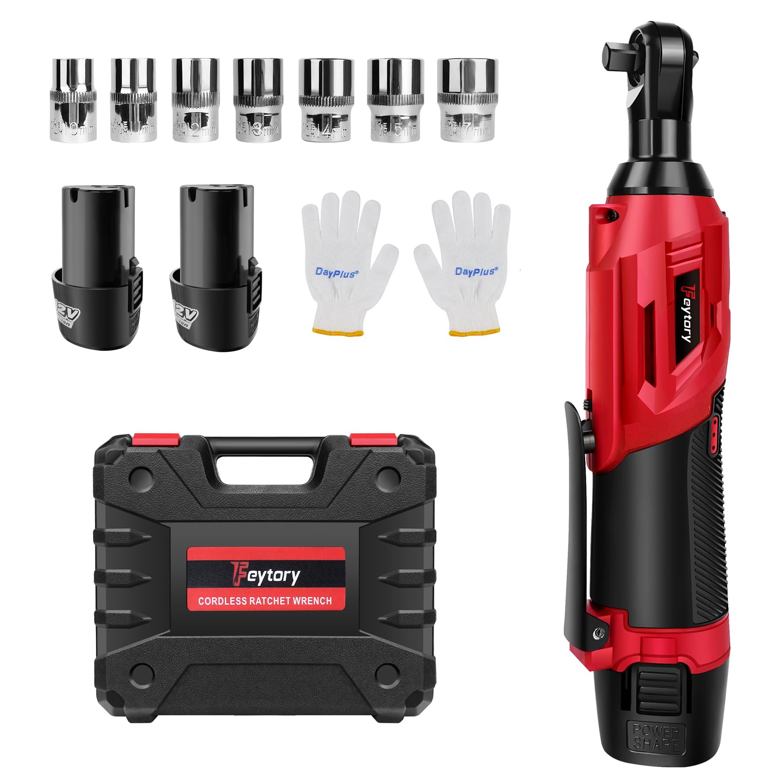 DayPlus Llave de carraca eléctrica de 12 V con 2 baterías de 1,5 Ah, batería de 40 Nm, llave de carraca de 3/8" Sq, 2300 RPM, juego de llaves de carraca eléctricas con 7 enchufes, bolsa de transporte,