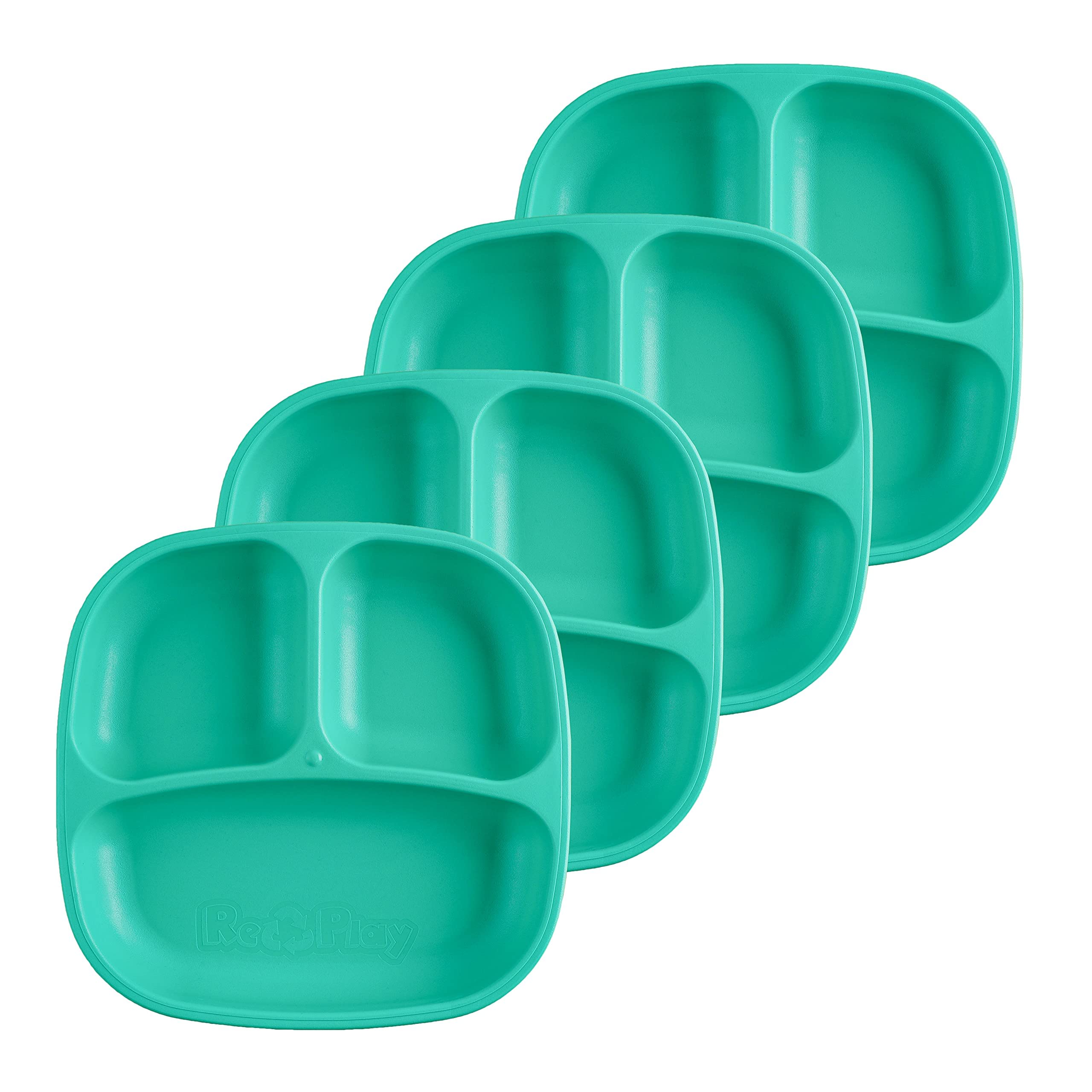Re-Play Made in USA Deep Walled 3 Compartment Plates, Pack of 4 - Reusable Divided Plates for Kids, Dishwasher and Microwave Safe - Durable Toddler Plates 7.37" x 7.37" x 1.25", Aqua