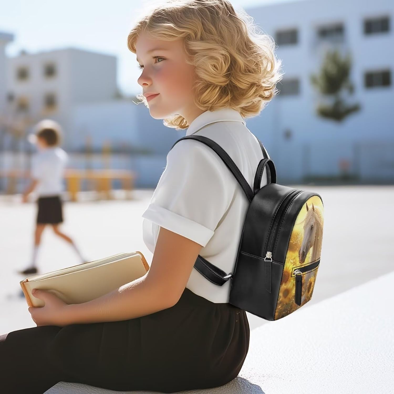 FOR U DESIGNS Compact Sunflower Horse Mini Backpack 9.2x7.2x3.9 Inch Anti-Theft PU Leather Shoulder Bag Lightweight Multiple Pockets for Hiking Gym Work Small