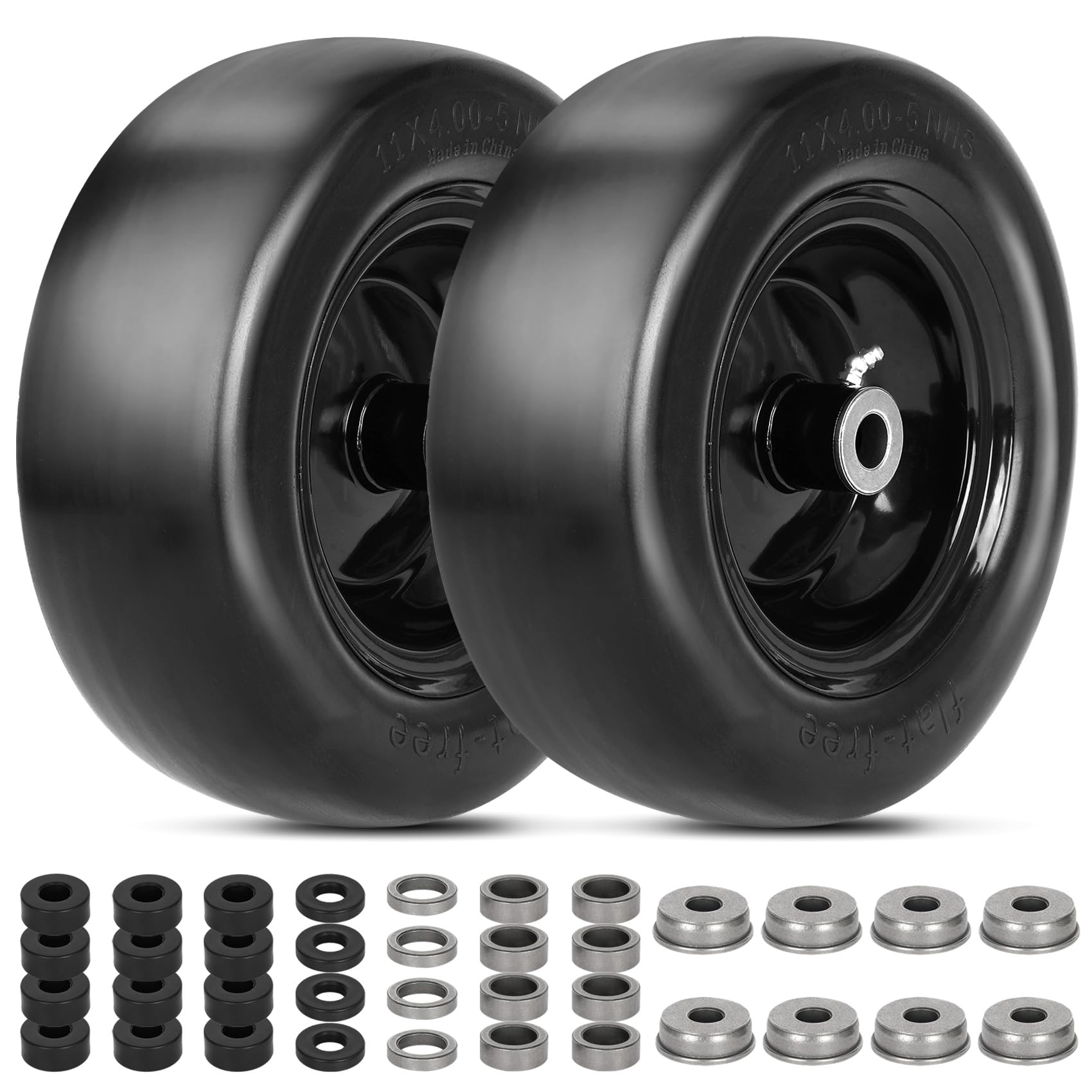 Photo 1 of 2 PCS 11x4.00-5 Lawn Mower Tires with Upgrade 3/4" Precision Bearing, 3.4" Centered Hub, Universal Smooth 11x4.00-5 Lawn Mower Tires Flat Free with Yellow Rim for Zero Turn Mowers, Max Load 400 lbs