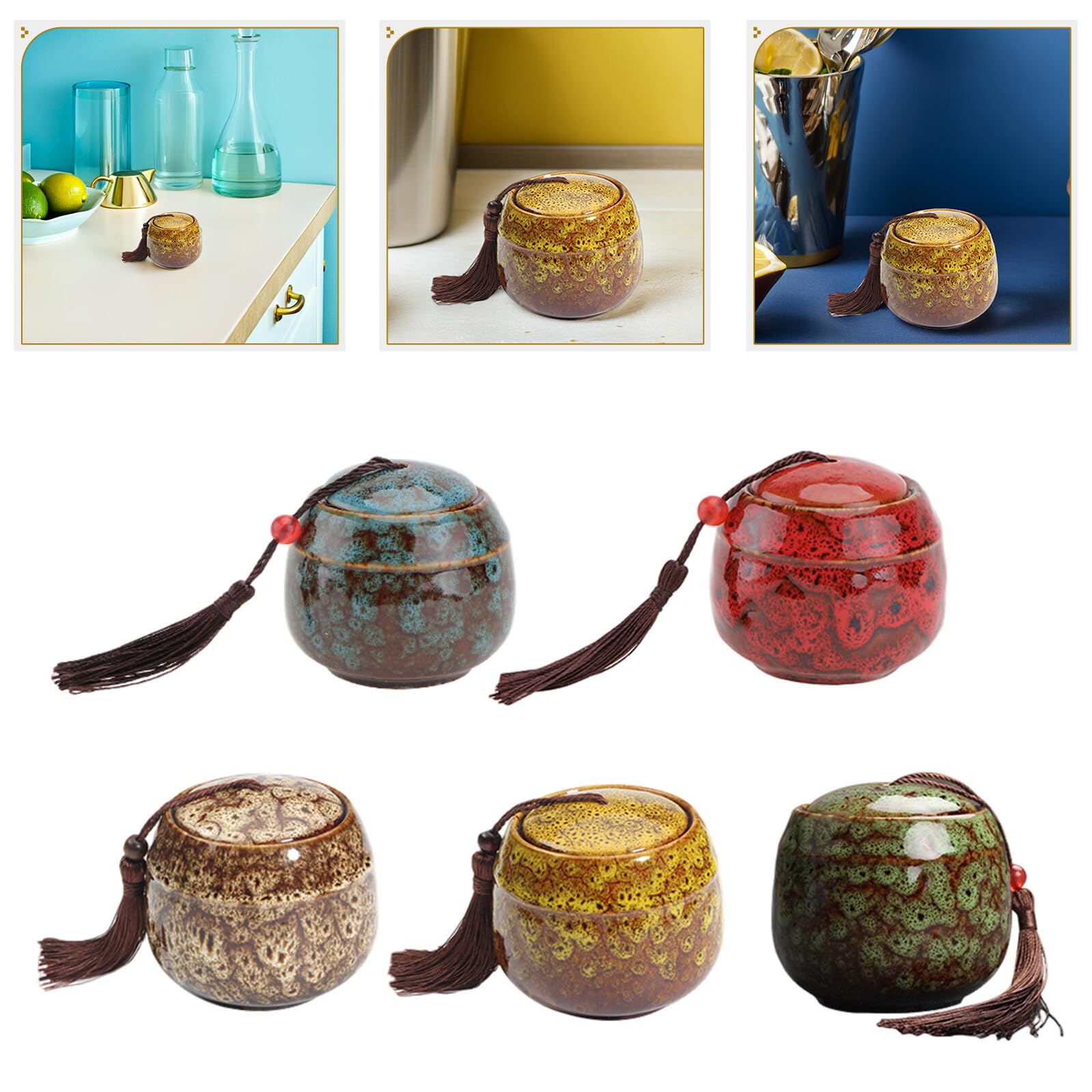 Tarro de Cerámica para Té 5 Piezas Tapa y Cierre Hermético | Latas Redondas para Hojas, Uso Doméstico y Sobremesa, Formato Mini, Multiuso para Guardar Otros Artículos Color Aleatorio