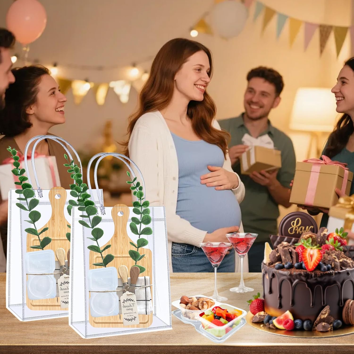 6 Sets Baby Shower Prizes for Game Winners, Bamboo Cheese Board Spoon Fork Butter Spreaders Plaid Towel Thank You Card and Gift Bags for Baby Shower Wedding Bridal Shower Favors for Guests(LONG)