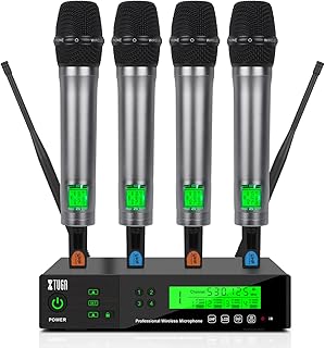 XTUGA M400 4 Channel UHF Wireless Microphone System with 200 Selectable Frequency,Cordless Microphone 4 Handheld Mic with IR Function/Lock Screen,Metal Build 328ft for Church, Party, Outdoor Event