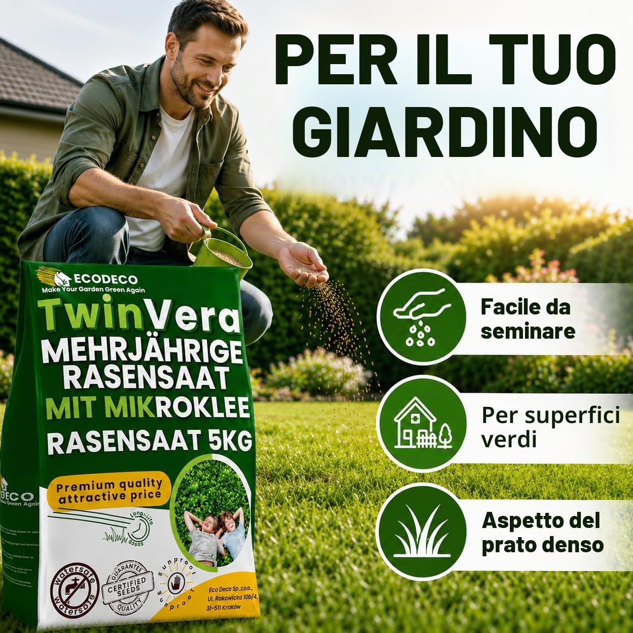 Semi Prato con Trifoglio Nano Pipolina 25kg per 1000m² | Sementi Erba Resistente alla Siccità e Calpestabile – Mix per Giardino Autopopolante e Trasemina