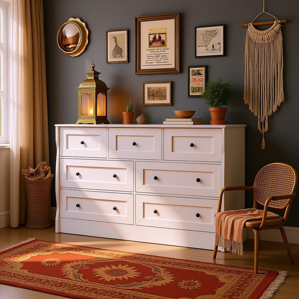 HOOBRO White Dresser for Bedroom, White Chest of Drawers with Storage, Farmhouse 7 Drawers Dresser Organizer for Living Room, Hallway, Entryway, Easy Assembly