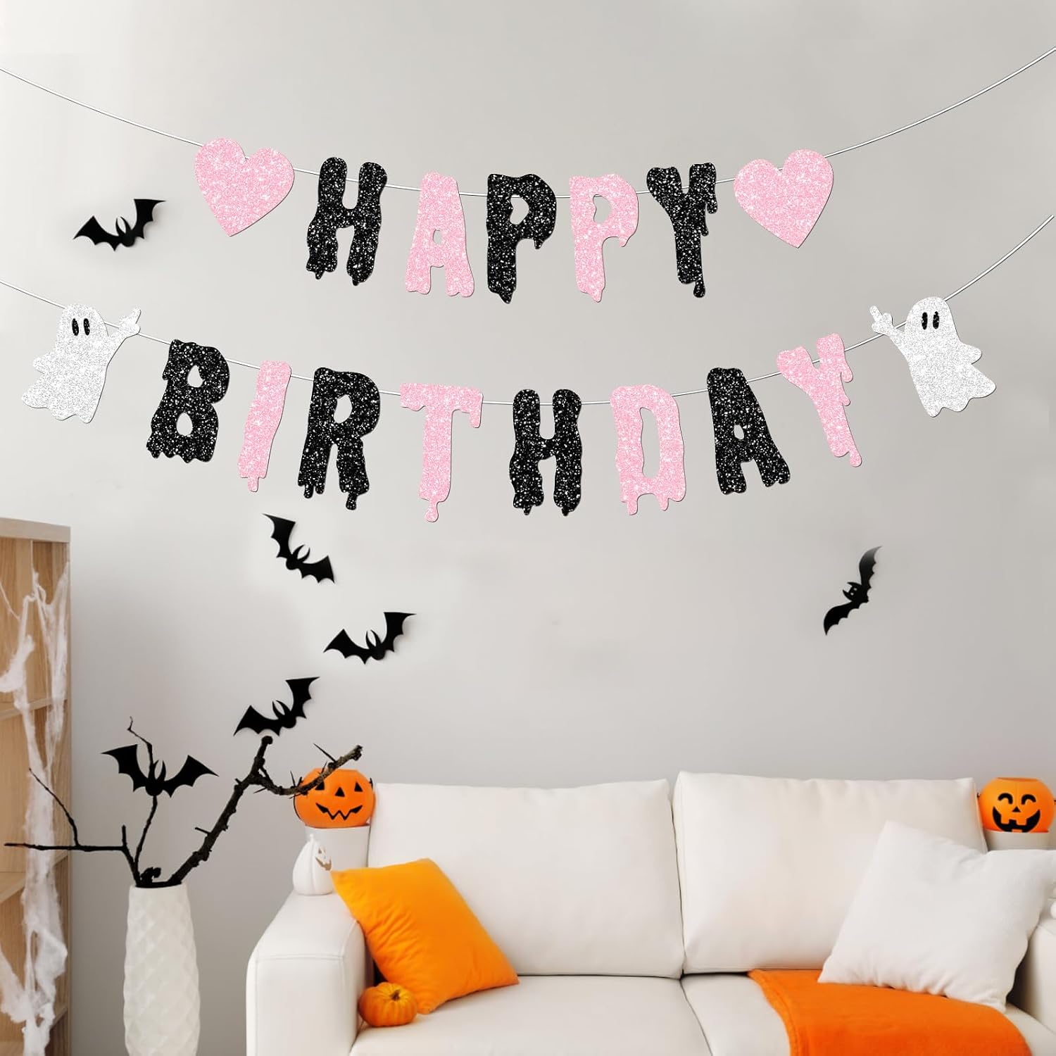 Black and Pink Happy Birthday Halloween Banner, Glittery Heart Ghost Banners for Cute Halloween Birthday Decorations Party Supplies for Girl/Women, No DIY.