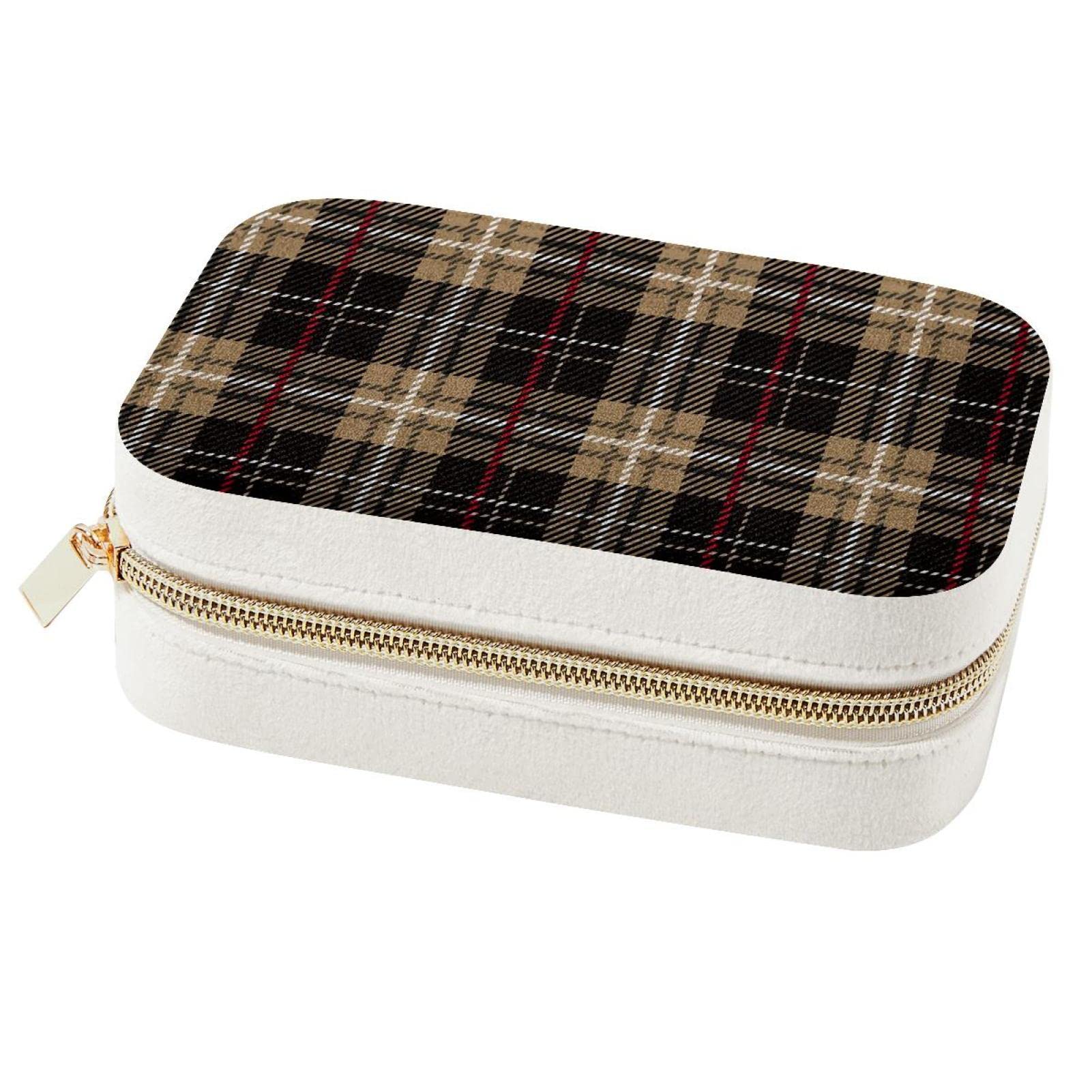 Boîte à bijoux voyage tartan café pour ranger vos colliers en week-end