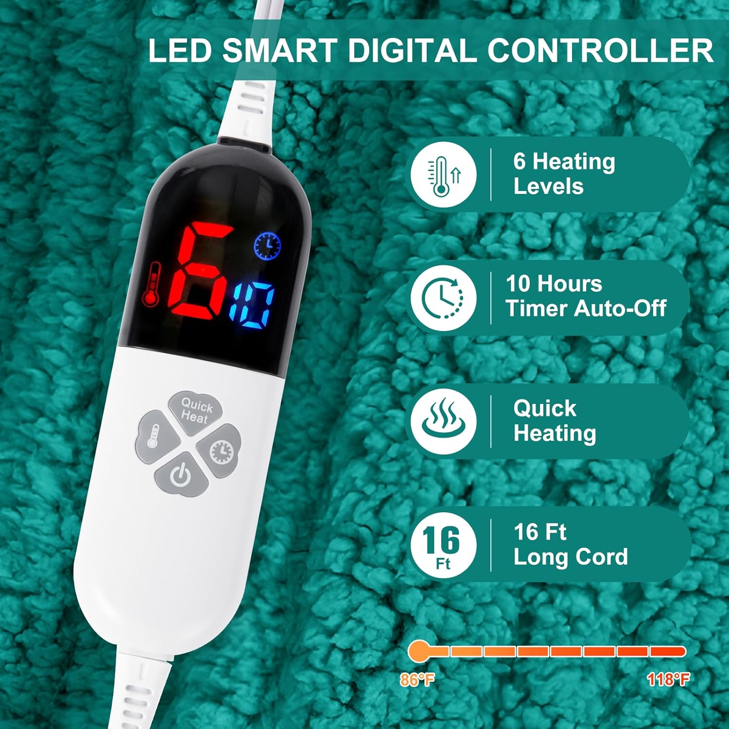 Electric Blanket Full Size 72"X84" Green - Soft Double Sided Sherpa Heated Blanket Full Size with LED Display, 6 Heating Levels & 10 hrs Timer, Machine Washable & Fast Heating for Women - Image 2