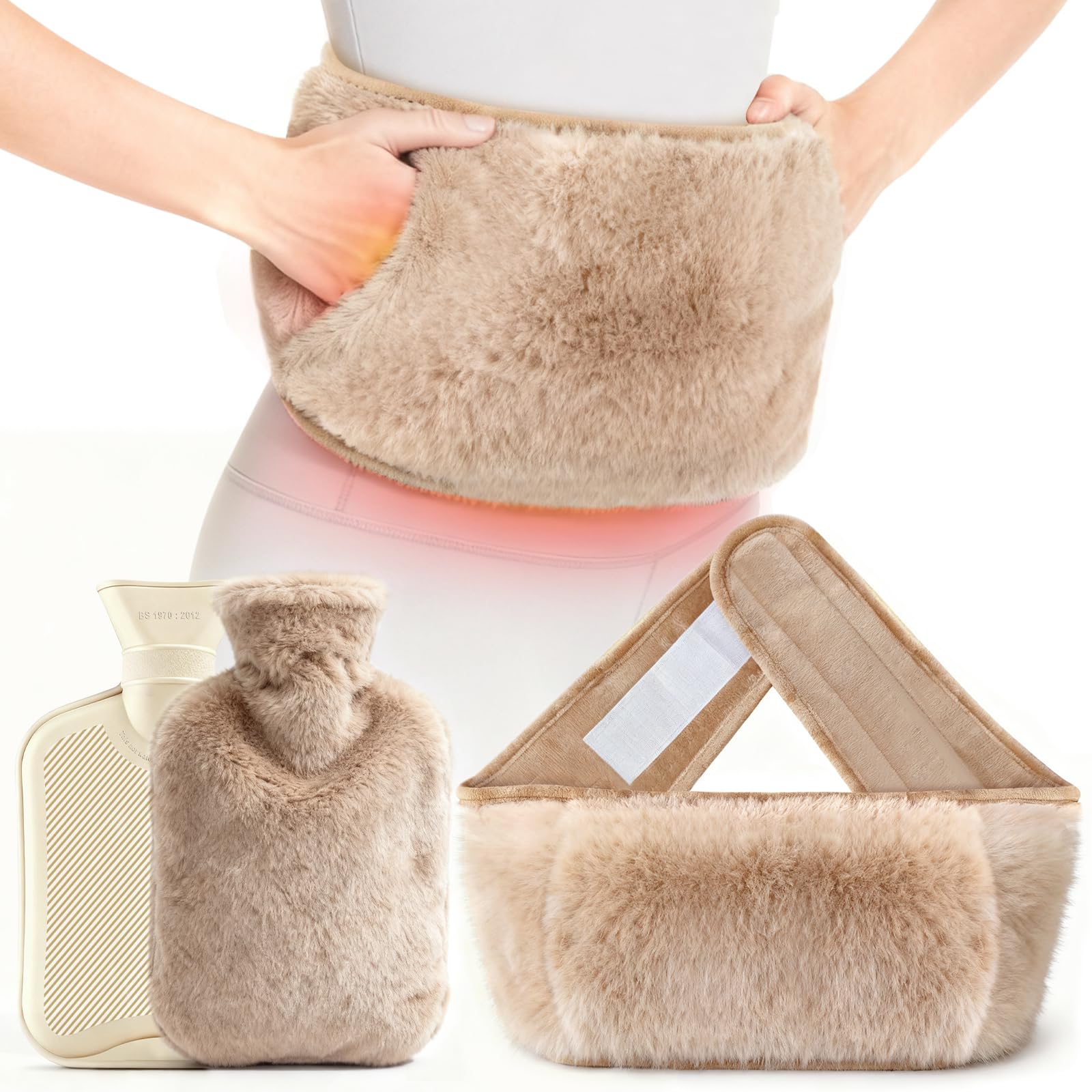 Hot Water Bottle with Soft Cover and Wearable Waist Wrap for Period Comfort