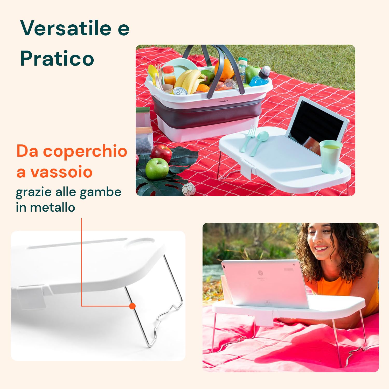 Cesta de Picnic Plegable con Superficie de Apoyo – Cesta Plegable para Playa y Camping, de Polipropileno, 16 l, Blanco y Gris, 47,3 x 9-24,5 x 29 cm