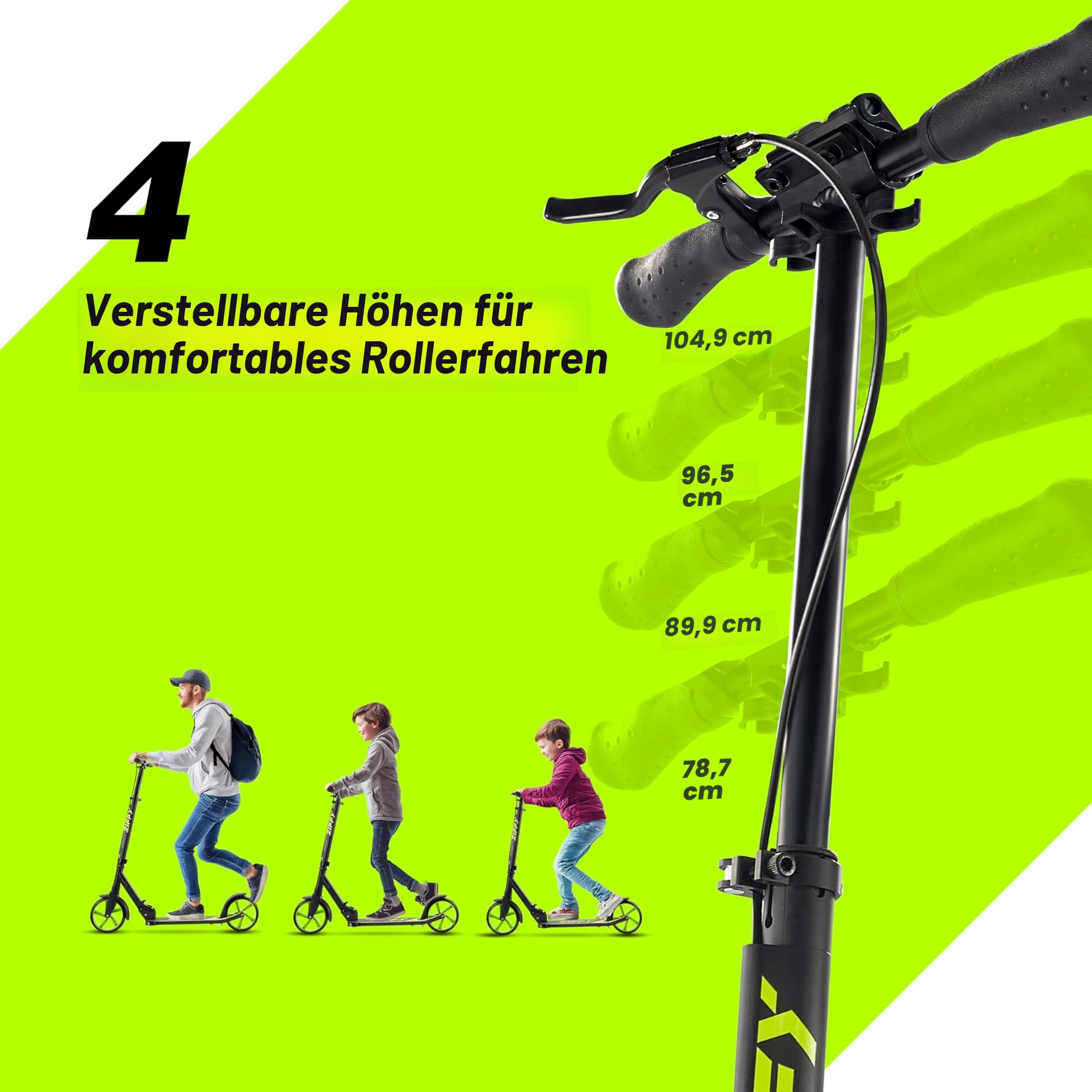 ZIFFY Tretroller Scooter 6–12 Jahre, Schwarz/Grün/Violett, 200mm Räder, ABEC-9, Federung, Faltbarer Aluminiumrahmen, Lenker 79–106 cm, Handbremse, Tragkraft bis 118 kg, Für Kinder & Erwachsene