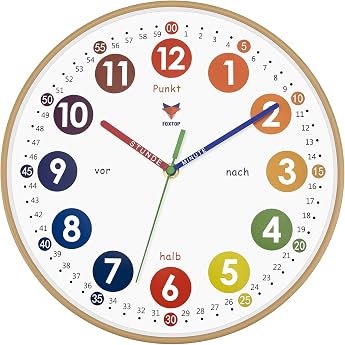 Foxtop Children's Learning Clock - Learning Clock without Ticking Noises - Analogue Children's Clock for Learning and Practicing the Time - Decorative Children's Room 30 cm