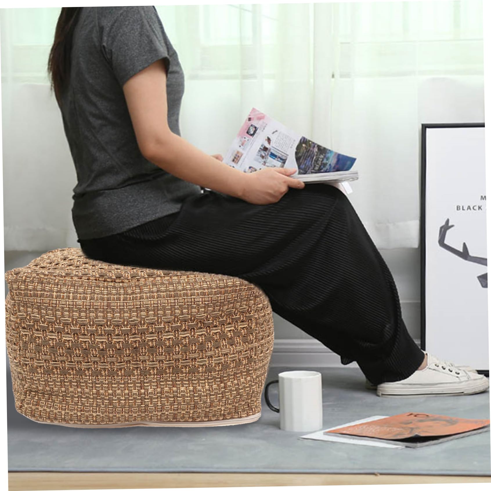 Pouf-Bezug,43,2 x 43,2 x 33 cm,ungepolsterter Pouf-Ottomane-Bezug für Wohnzimmer,quadratischer Boho-Pouf-Bezug, ungepolstert,aus Baumwolle gewebter(Kern nicht im Lieferumfang enthalten)
