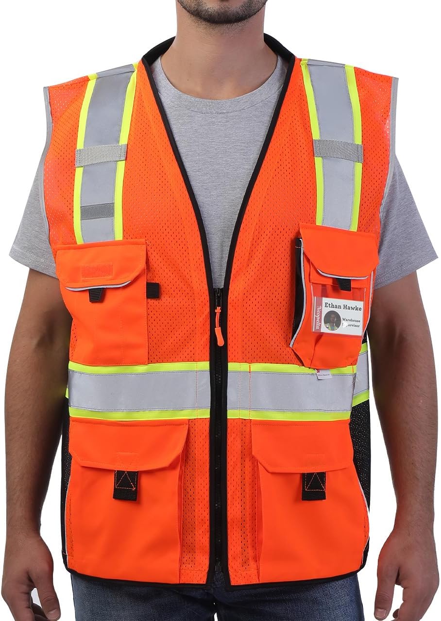 Neopelta Heavy Duty ANSI Reflective Safety Vest with Pockets Orange Mesh L | Made with 3M™ Reflective Tape, High Visibility Surveyor Vest with Pockets Zipper, ID pocket, Padded Neck, ANSI Class 2
