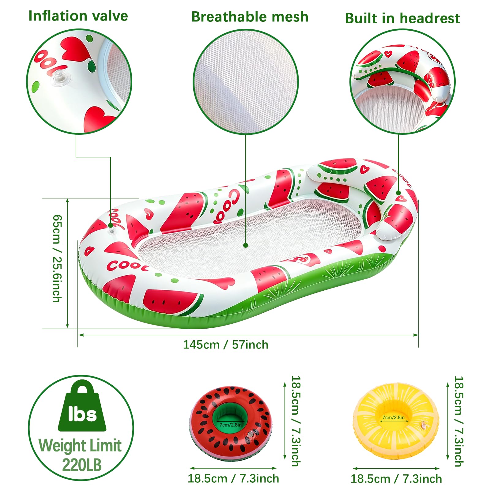 Pool Floats Adult, Inflatable Mesh Pool Float with Headrest and 2 Drink Holder, Tanning Pool Lounger Float with Pillow - Image 2