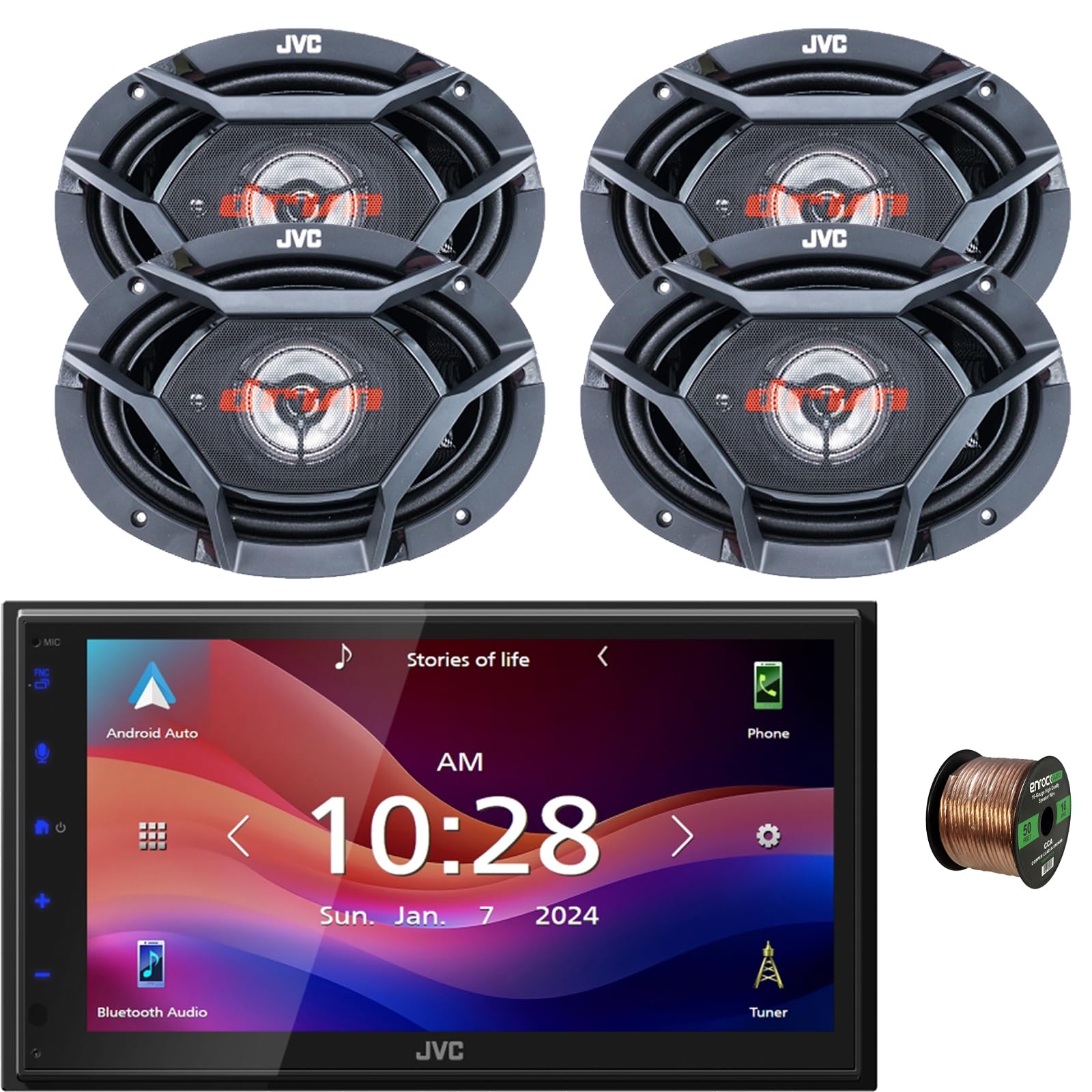JVC KW-M595BT Double DIN 6.8" WSVGA LCD Touchscreen Bluetooth USB/AM/FM Stereo Digital Media Receiver Bundle Combo with Two Pairs (Qty 4) of 6x9 500W 3-Way Coaxial Car Speakers, Speaker Wire