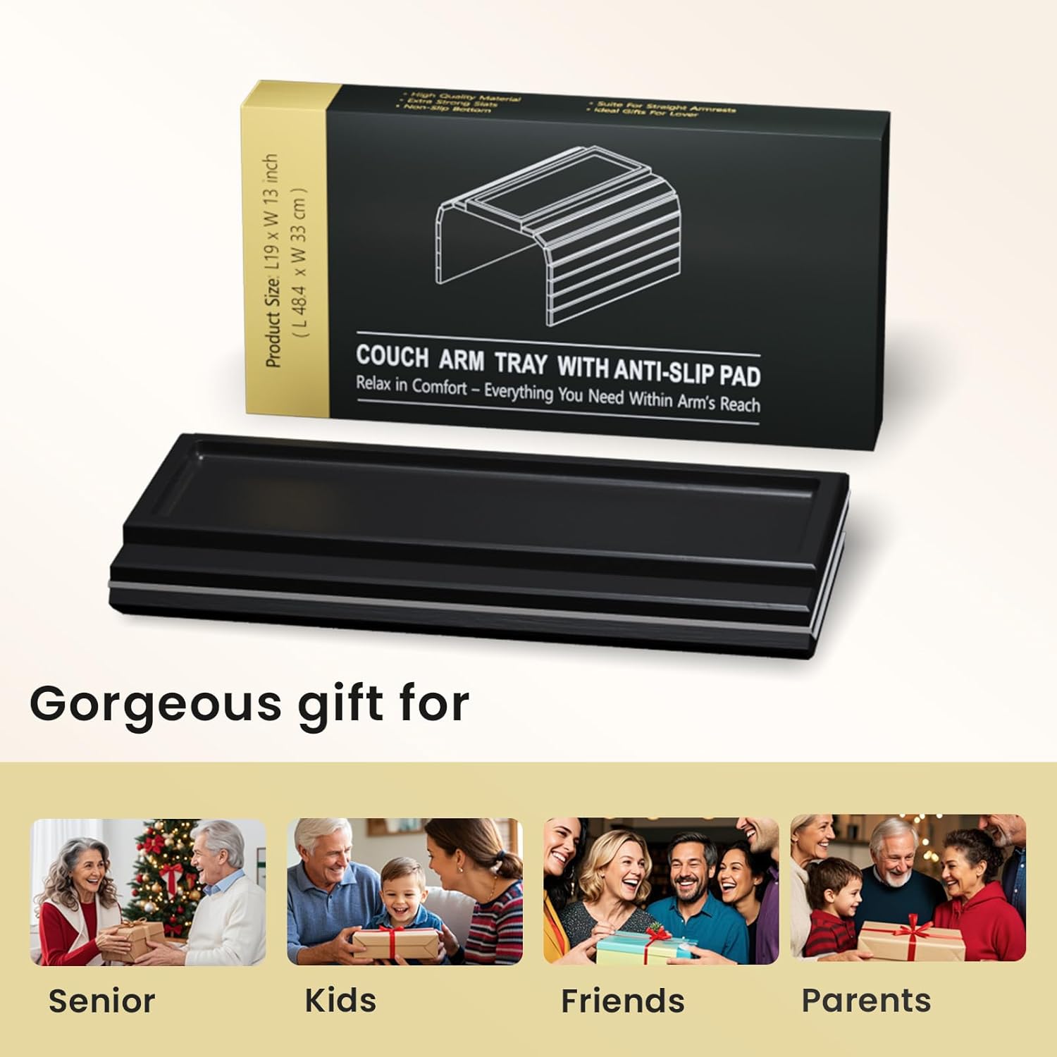 Sofa Arm Tray,Bamboo Folding Couch Arm Tray,Sofa Armrest Trays with Anti-Slip Pad for Drinks,Snacks,Phone,Remote Control（Black）