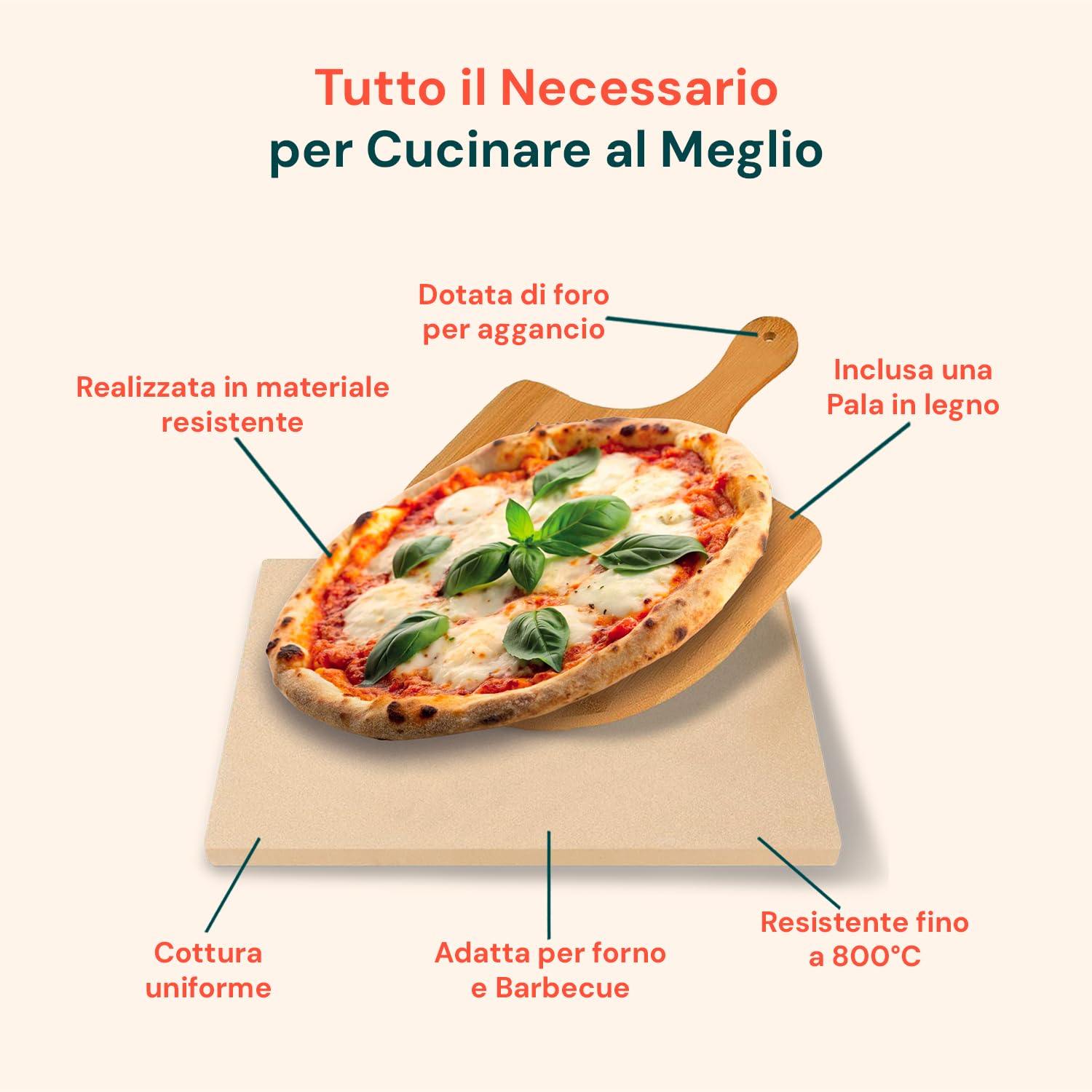 Avilia - Pietra Refrattaria con Pala in Legno Inclusa per Pizza, Resistente fino a 800°C, Cottura Uniforme e Croccante in Forno o Barbecue, Ideale per Pizza Fatta in Casa