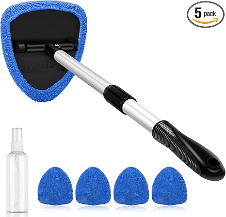 AstroAI Windshield Cleaner Tool, Car Interior Detailing Cleaning Kit with Extendable Handle and 4 Reusable Microfiber Pads, Auto Glass Wiper Brush Kit for Cars, Blue，15.9in-21in