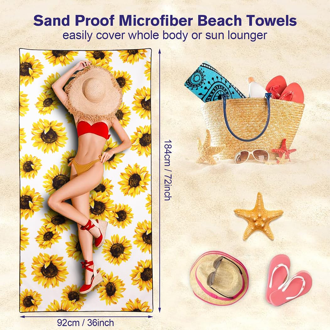 Toalla de playa de girasol de gran tamaño de 36 x 72 pulgadas, secado rápido, sin arena, toallas de baño amarillas para piscina, camping, viajes