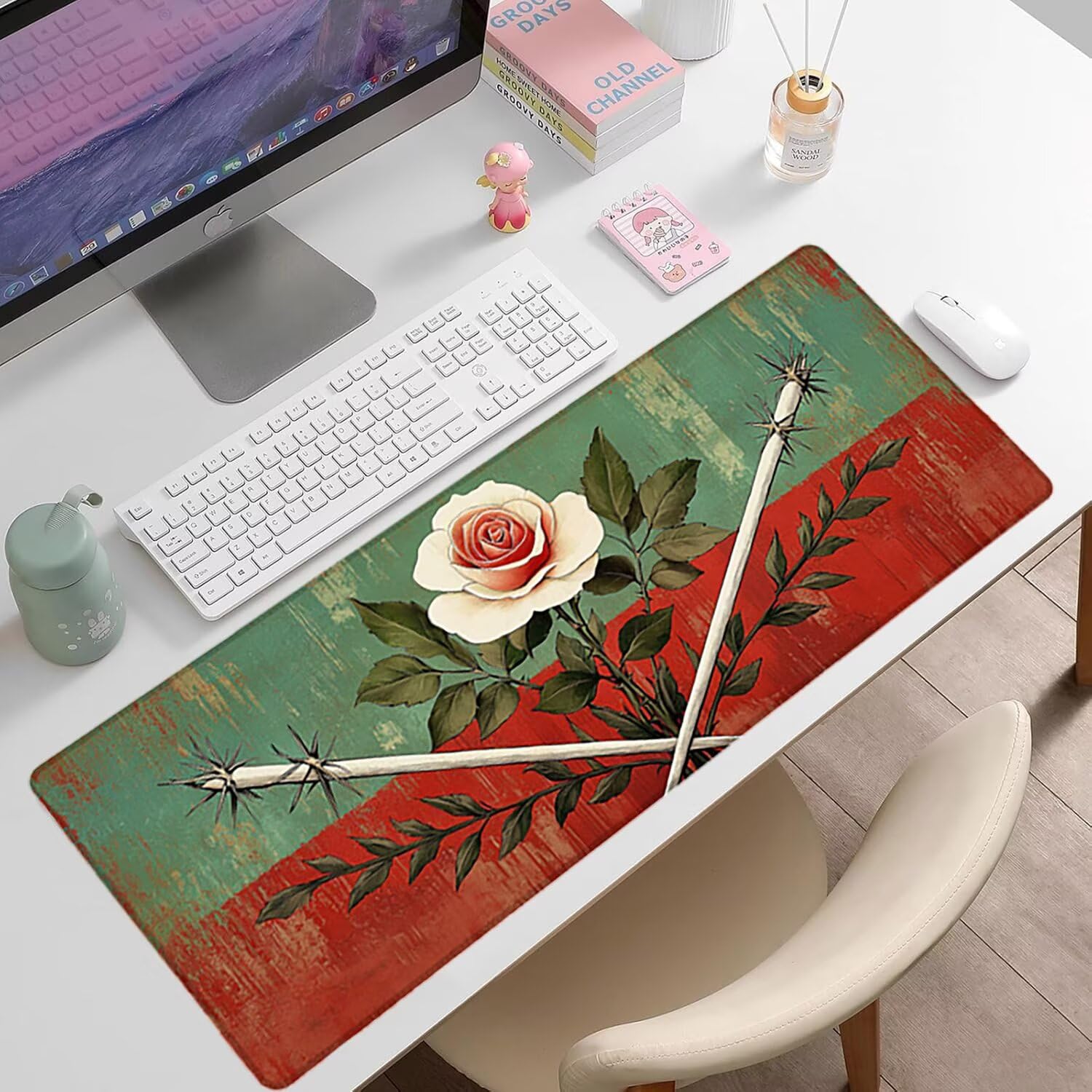 Podkładka pod mysz XXL Flower - 1400x600x3mm - Retro duża mata na biurko z przeszytymi krawędziami Wodoodporna antypoślizgowa do PC, laptopa poprawia precyzję i szybkość. -36292