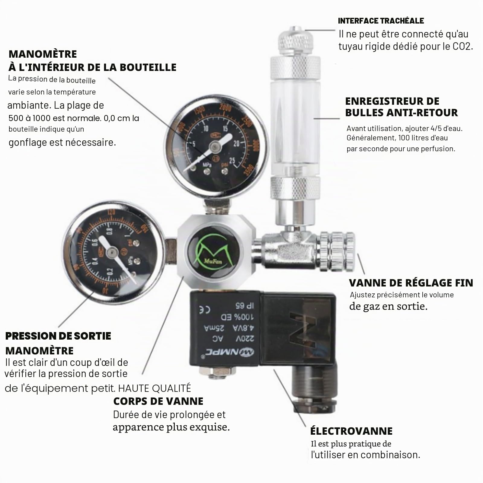Réducteur de pression de CO2 pour aquarium, double jauge, interface W21.8, réducteur de pression CO2 pour aquarium avec électrovanne, compteur de bulles pour aquariums plantés