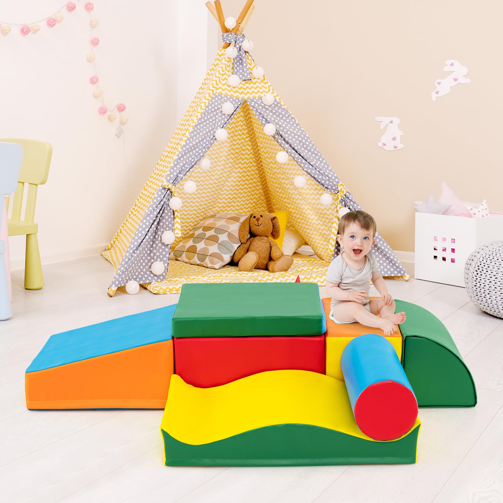 RELAX4LIFE Set di Blocchi Morbidi per Bambini, Blocchi da Costruzione in Schiuma, Set di 7 Blocchi con Diverse Forme e Colori, Giocattoli Educativi, Copertura Impermeabile, per Casa, Scuola e Asilo