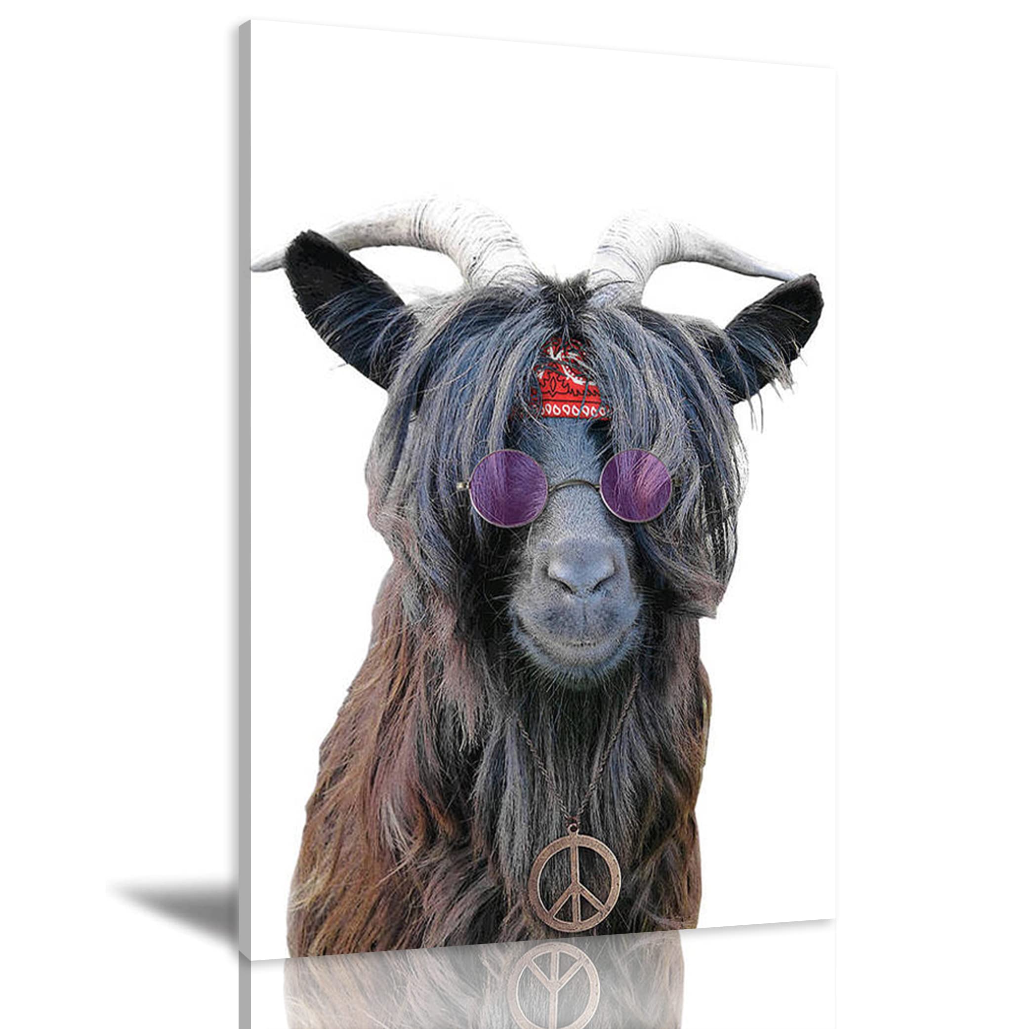 Canvas Wall Art Fashion Black Goat Framed Prints Painting Modern Abstract Canvas Oil Painting Wall Art for Home Living Room Bedroom Decor Funny Animals Ready to Hang 24x36inch