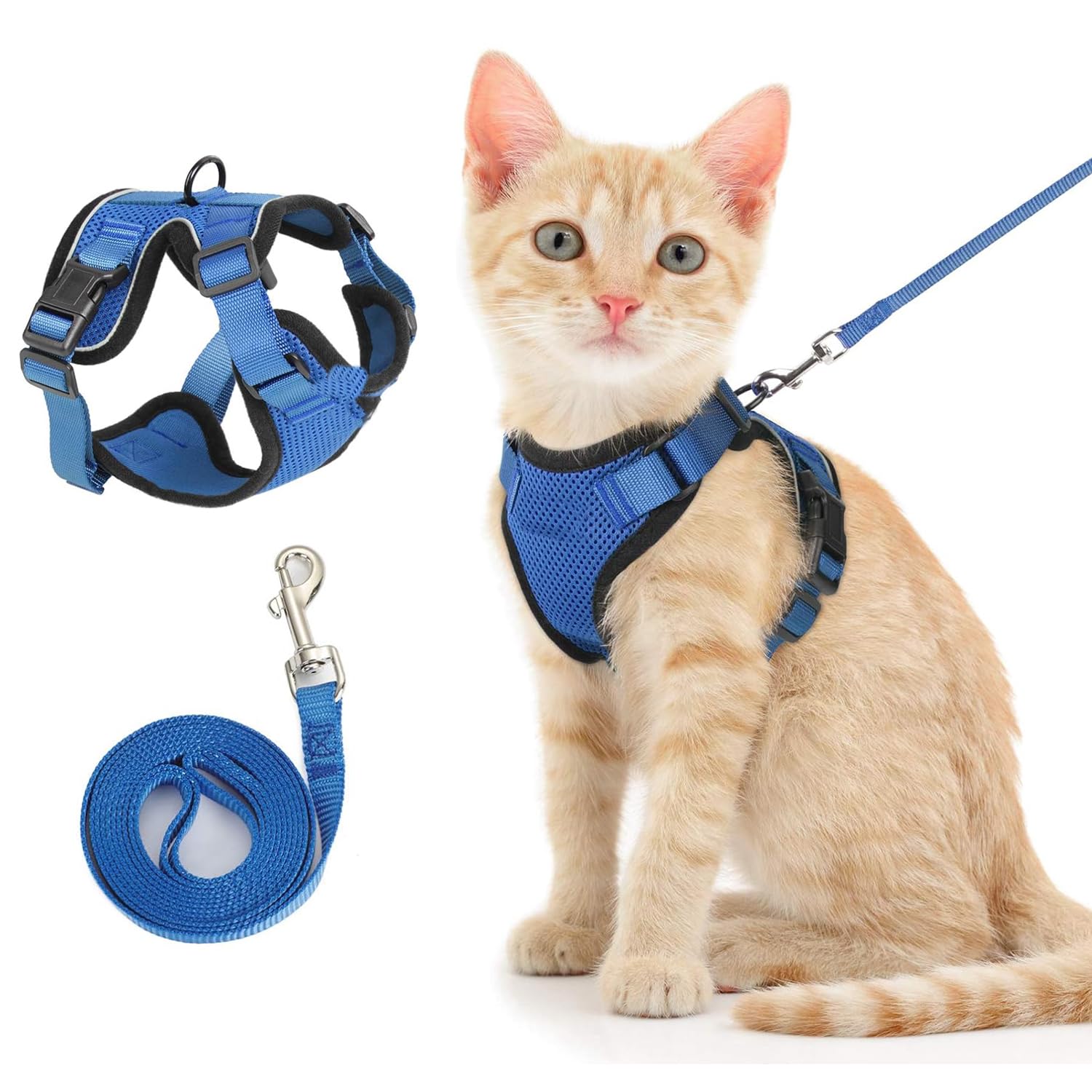 FOCLTD Cat Harness and Leash Set for Walking,Escape Proof Safe Adjustable Kitten Vest Harnesses,Easy Control Soft Breathable Mesh Jacket with Reflective Strips for Cats,Black,XS (XS) (Blue, XS)