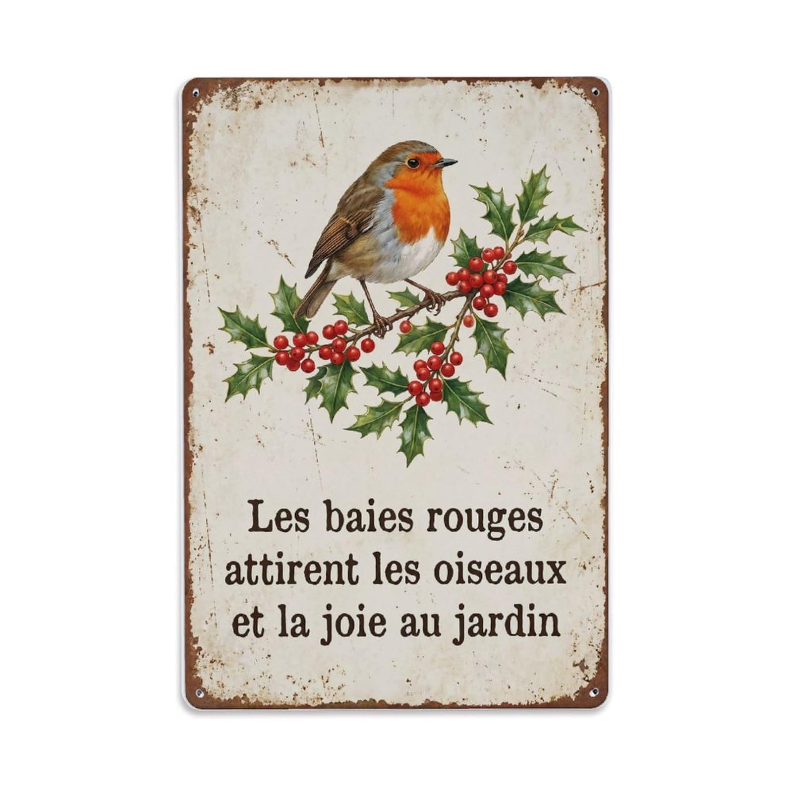 Fqnyr Style Robin Bird Garden Quote Berry Branch Metal Tin Sign Plaque Wall Decor For Cafe, Club Bar, Office, Home Garden Metal Poster 8X12inch