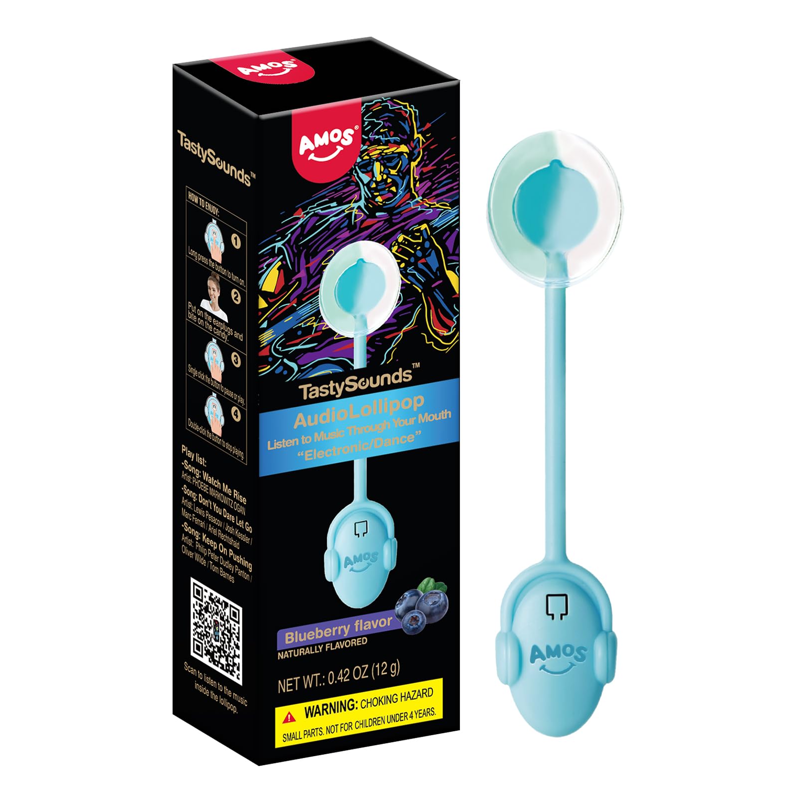 AmosMusic Lollipop Candy, Audio Singing Lollipop, Individually Wrapped Natural Blueberry Flavor (1 Pack)