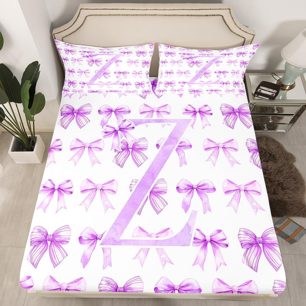 Erosebridal Purple Initial Letter Z Birthday Gifts Coquette Bow Bed Sheets Full Size Cute Preppy Bow Fitted Sheet 3D Alphabet Aesthetic Preppy Bowknot Bed Set with Deep Pocket(Z)