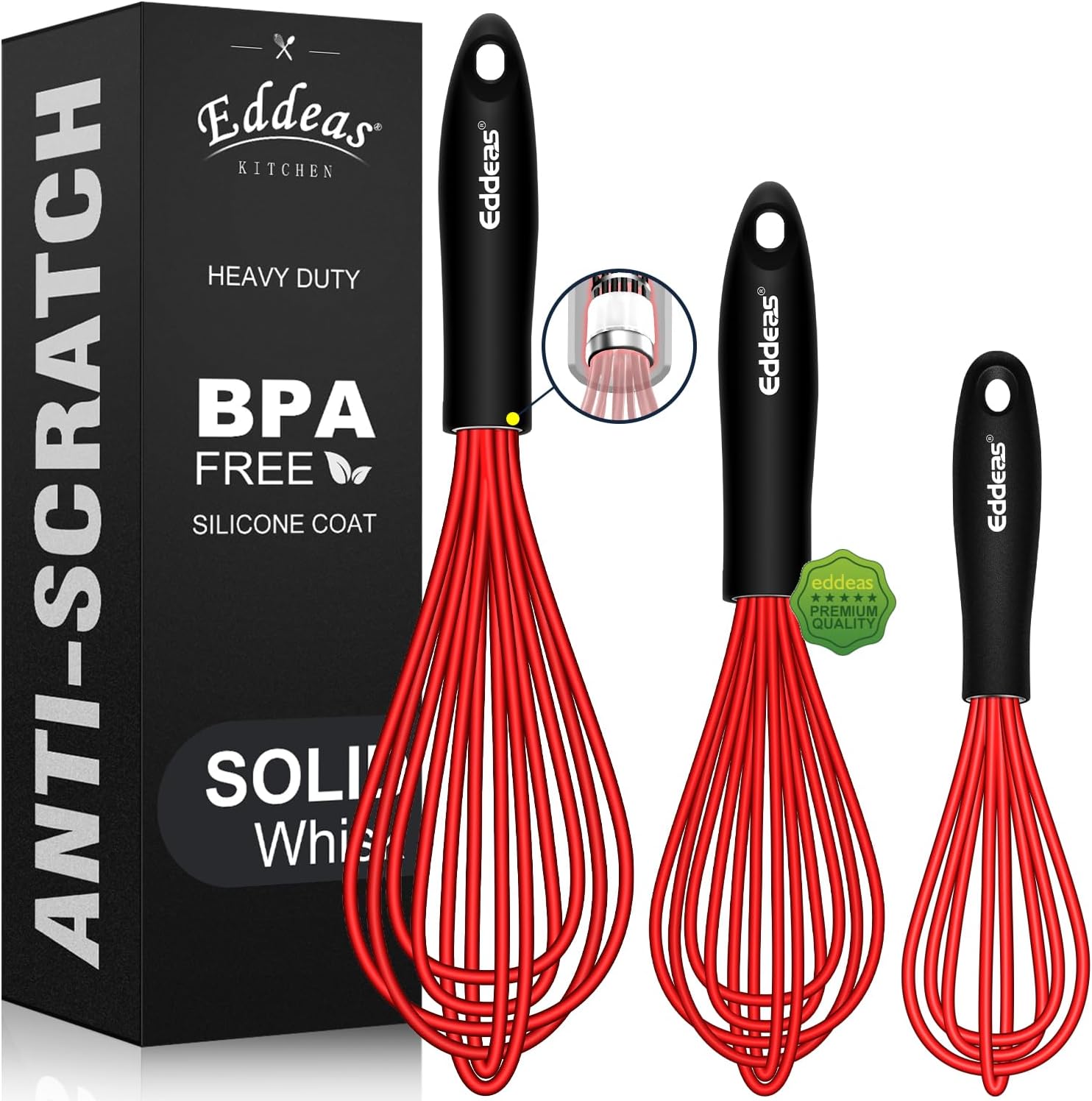 Silicone Whisk, 500°F Heat Resistant Whisks For Cooking, Non-Scratch Coated Whisks set of 3 7",9"&11inch, Balloon Kitchen Wisk tool Set, for Wisking, Blending, Beating, Stirring, Red