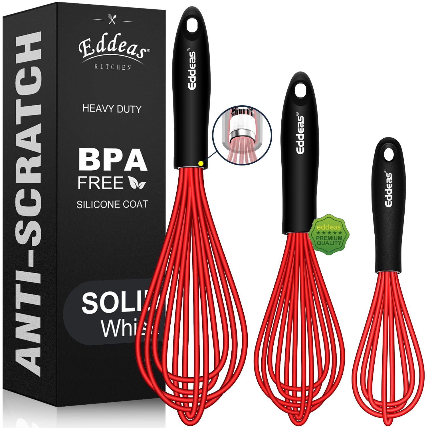 Silicone Whisk, 500°F Heat Resistant Whisks For Cooking, Non-Scratch Coated Whisks set of 3 7",9"&11inch, Balloon Kitchen Wisk tool Set, for Wisking, Blending, Beating, Stirring, Red