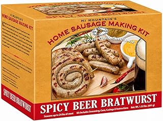 Hi Mountain Seasonings ǀ SPICY BEER Bratwurst Sausage Making Kit ǀ Includes Sausage Seasoning, Cure, Hog Casings, and Simple-to-Follow Directions ǀ Creates 24 lbs of Delicious Bratwurst Sausage