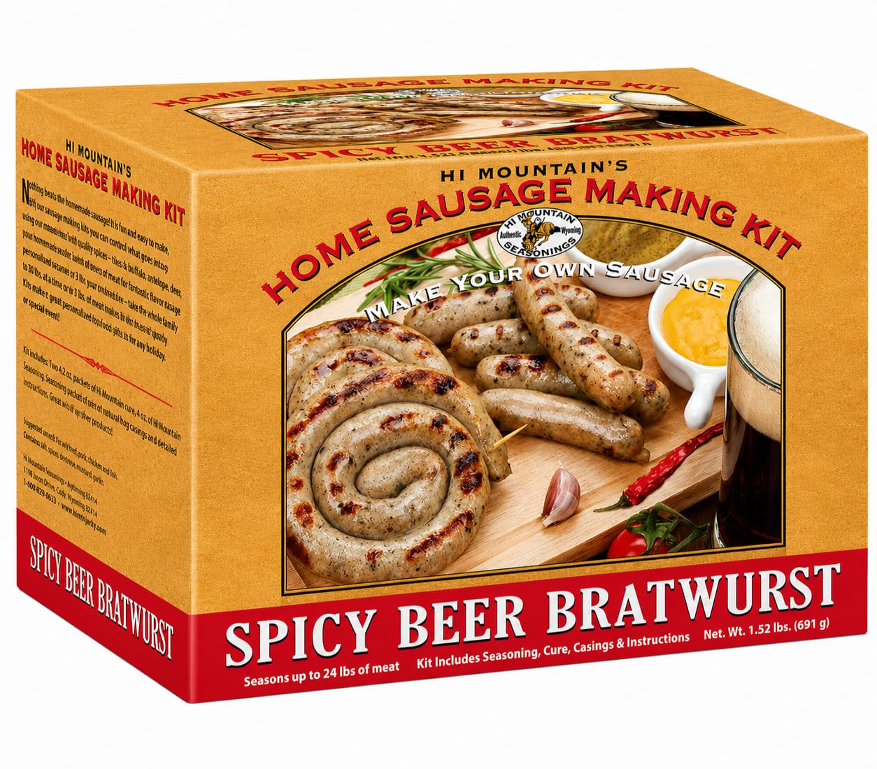 Hi Mountain Seasonings ǀ SPICY BEER Bratwurst Sausage Making Kit ǀ Includes Sausage Seasoning, Cure, Hog Casings, and Simple-to-Follow Directions ǀ