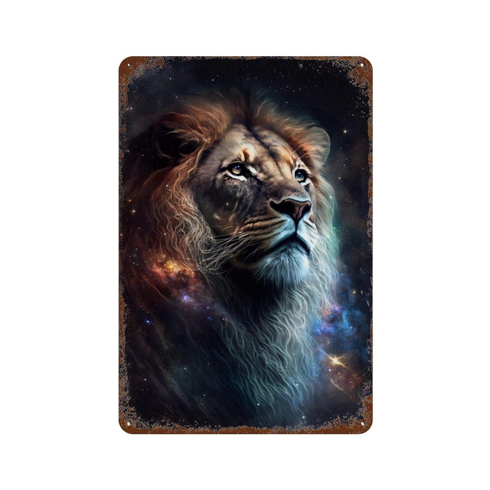 Garage Style Cosmic Lion Portrait-5 Distressed Metal Wall Sign 11.8"x7.9", Classic Wall Plaque for Bar And Workshop